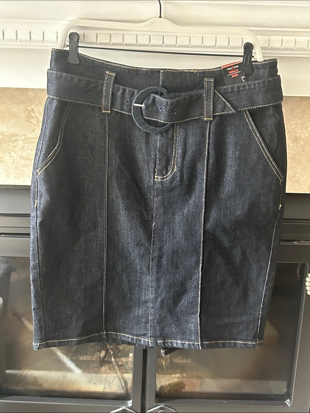 one 5 one Dark Blue Denim Belted Pencil Skirt